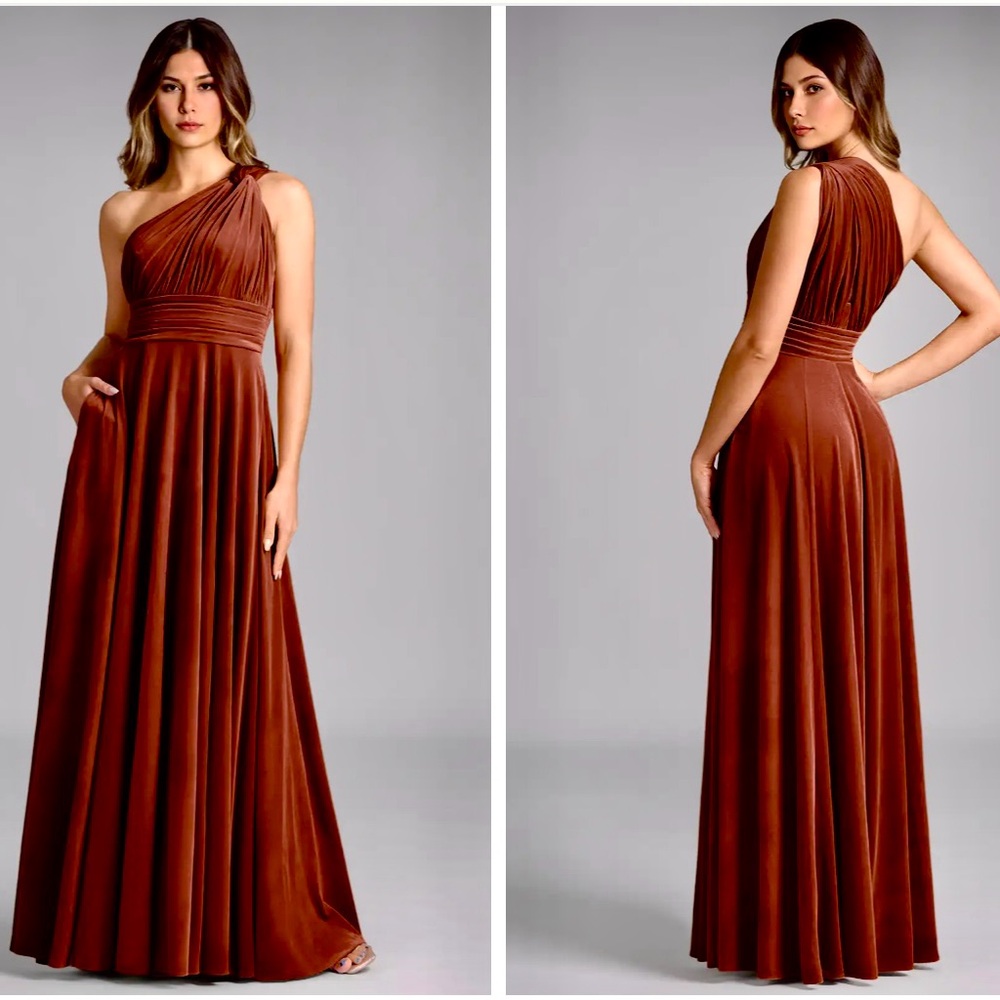 AZAZIE, 12S, Charlize, Terracotta Color, A-Line One Shoulder, Velvet Dress - EUC - Picture 4 of 5
